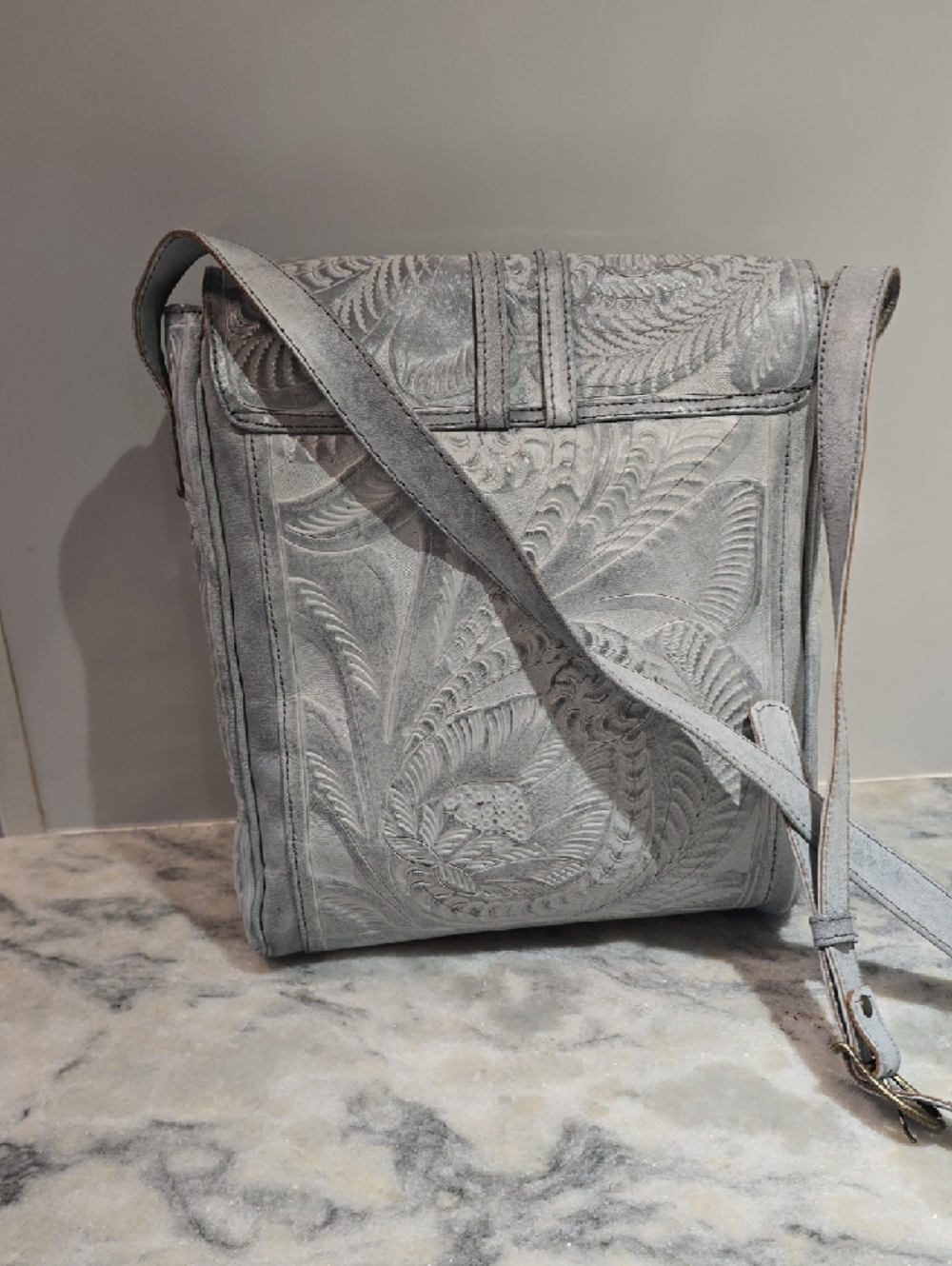 Women's Embossed Leather Crossbody Bag in Light Gray - Picture 8 of 17